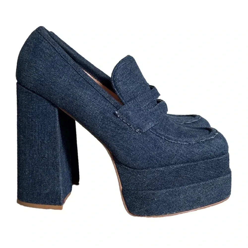 Shoedazzle Margaux Denim‎ Platform Penny Loafers Blue Block Heel Womens 9 EU 40